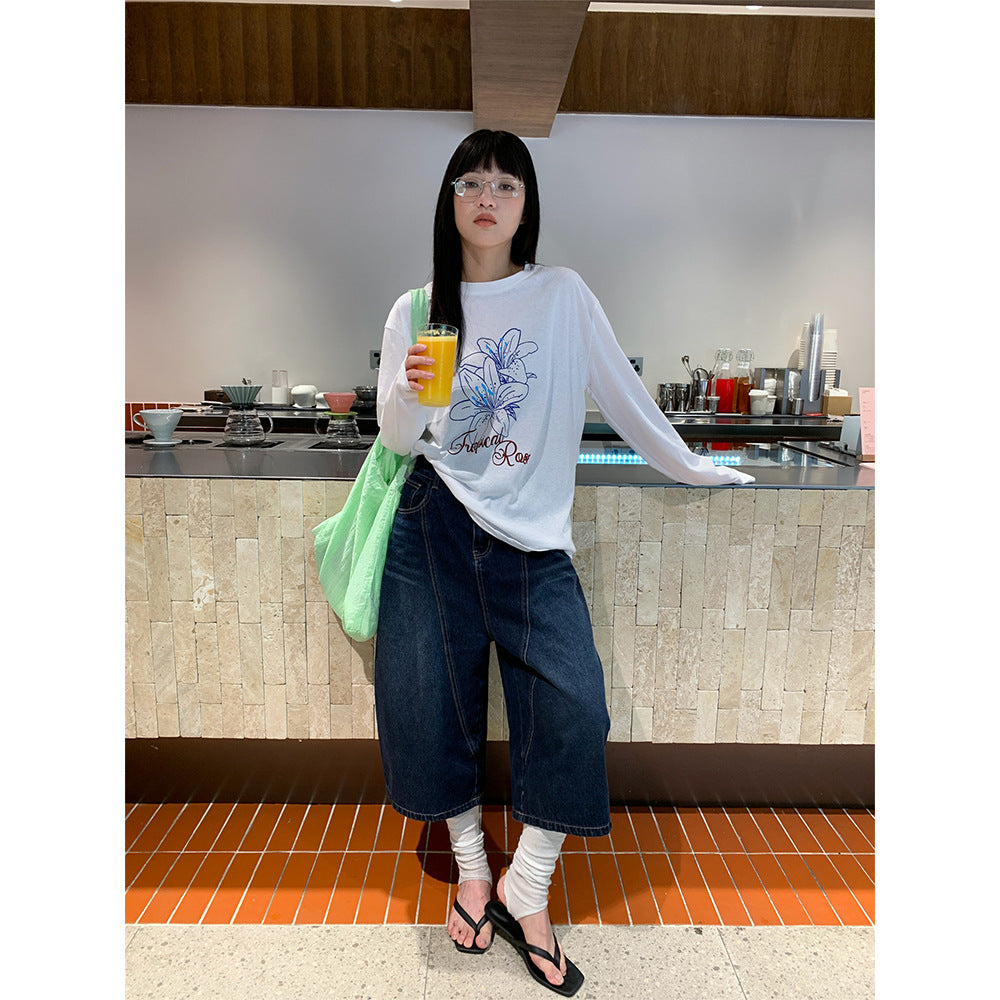 Summer Split Design High-Waist Denim Shorts for Women - Loose Retro Wide-Leg Pants