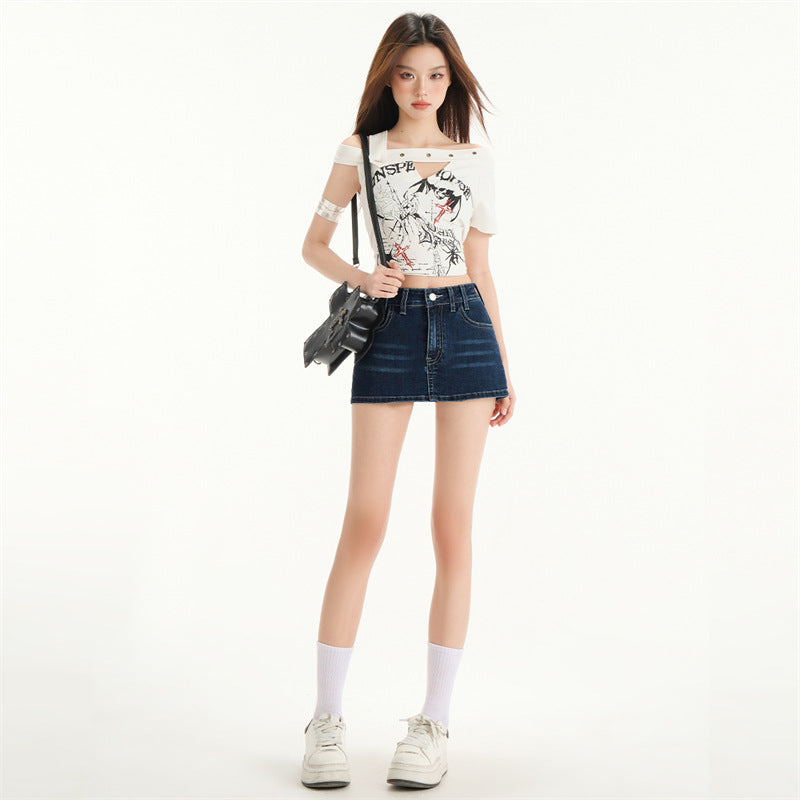 Chic Low-Waist Slimming Denim Skirt with Embroidery