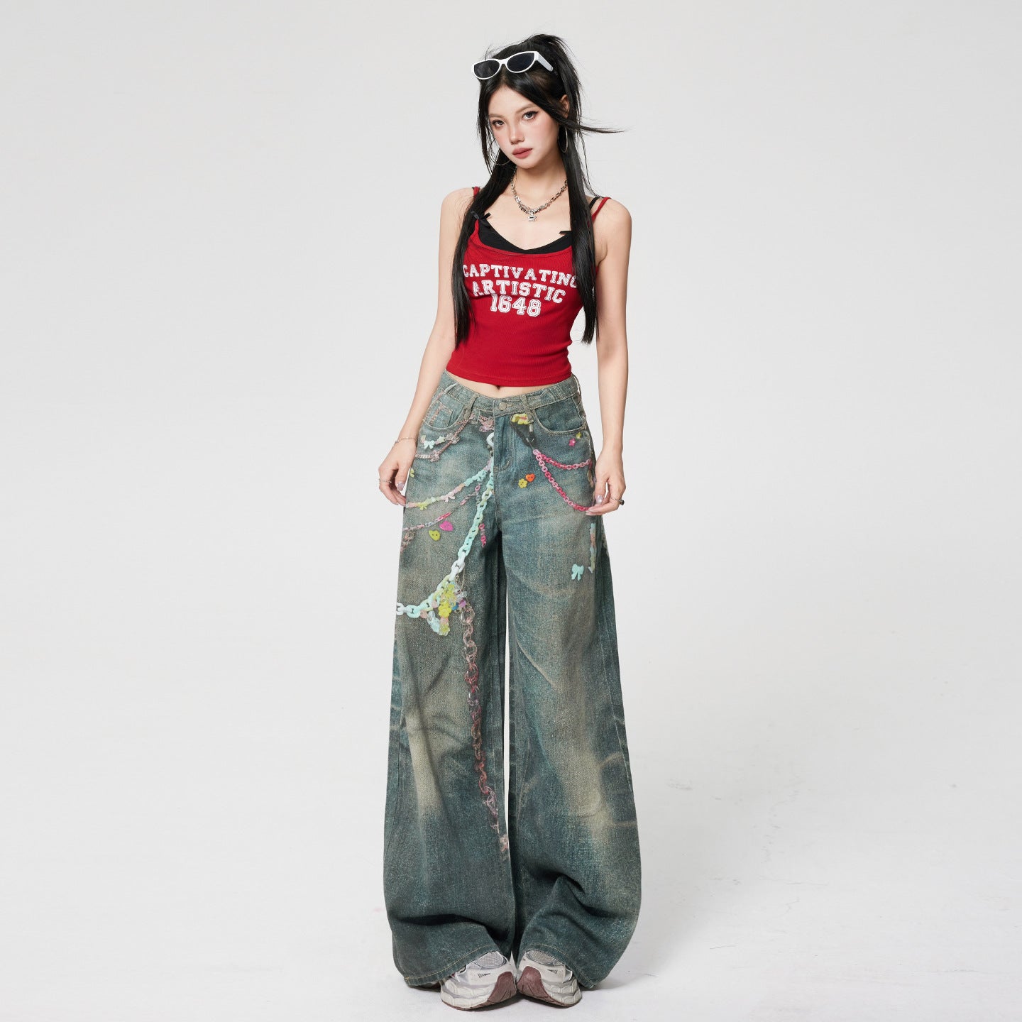 Candy Chain Pants Spicy Girl Digital Print Denim Trousers Women Fashion Straight Leg Wide Leg Pants