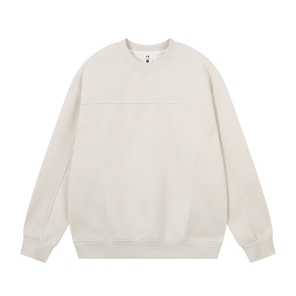 Men's Round Neck Sweater, Solid Color, Simple Patchwork, Loose Fit, Casual Top for Men