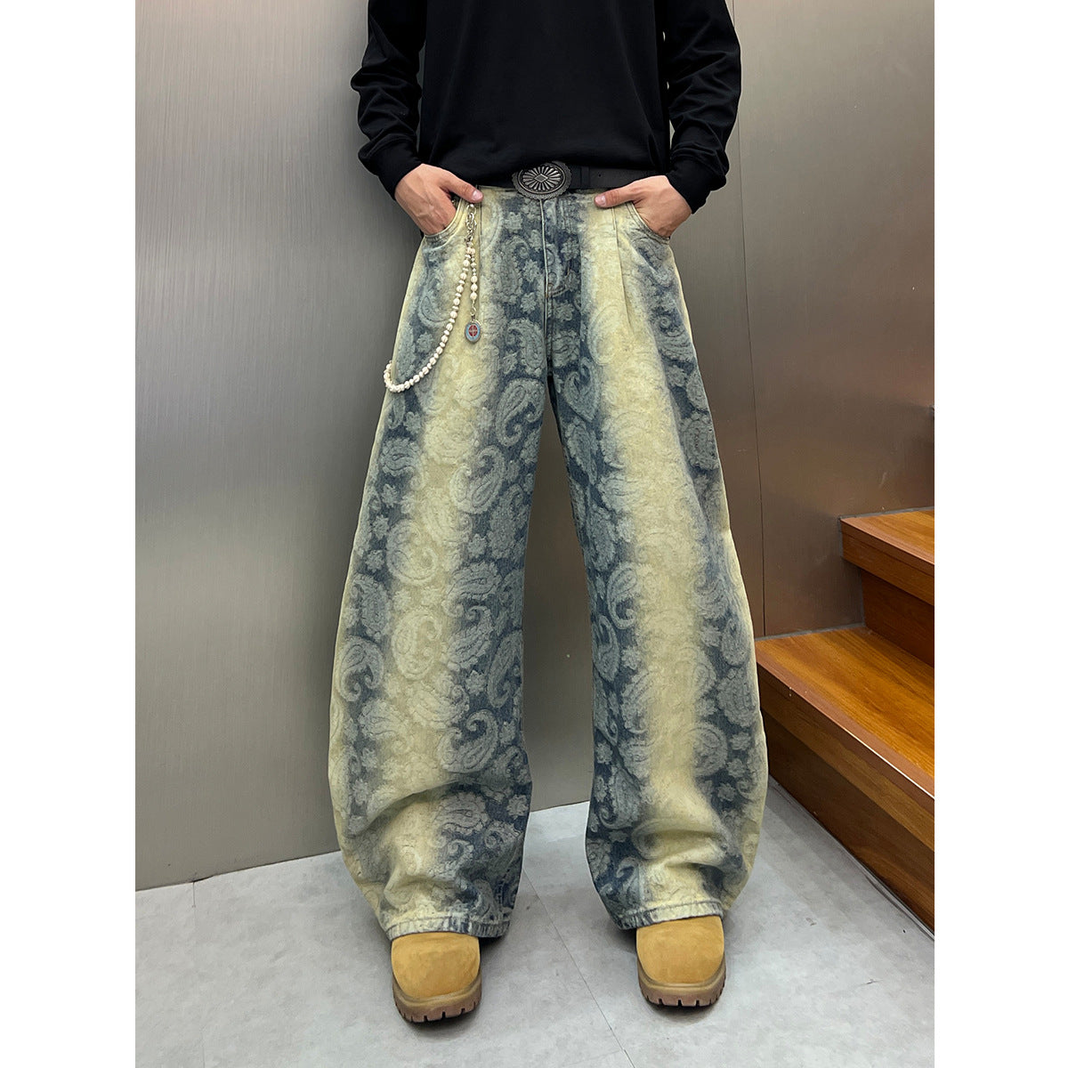 Premium Jacquard Gradient Washed Denim Jeans with Curved Edges and Wide Legs