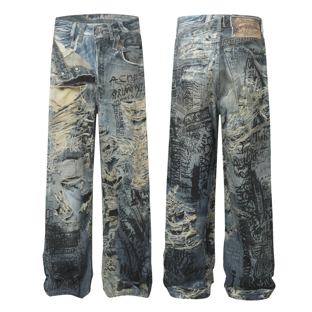 Men's Vintage Distressed 3D Printed Denim Pants