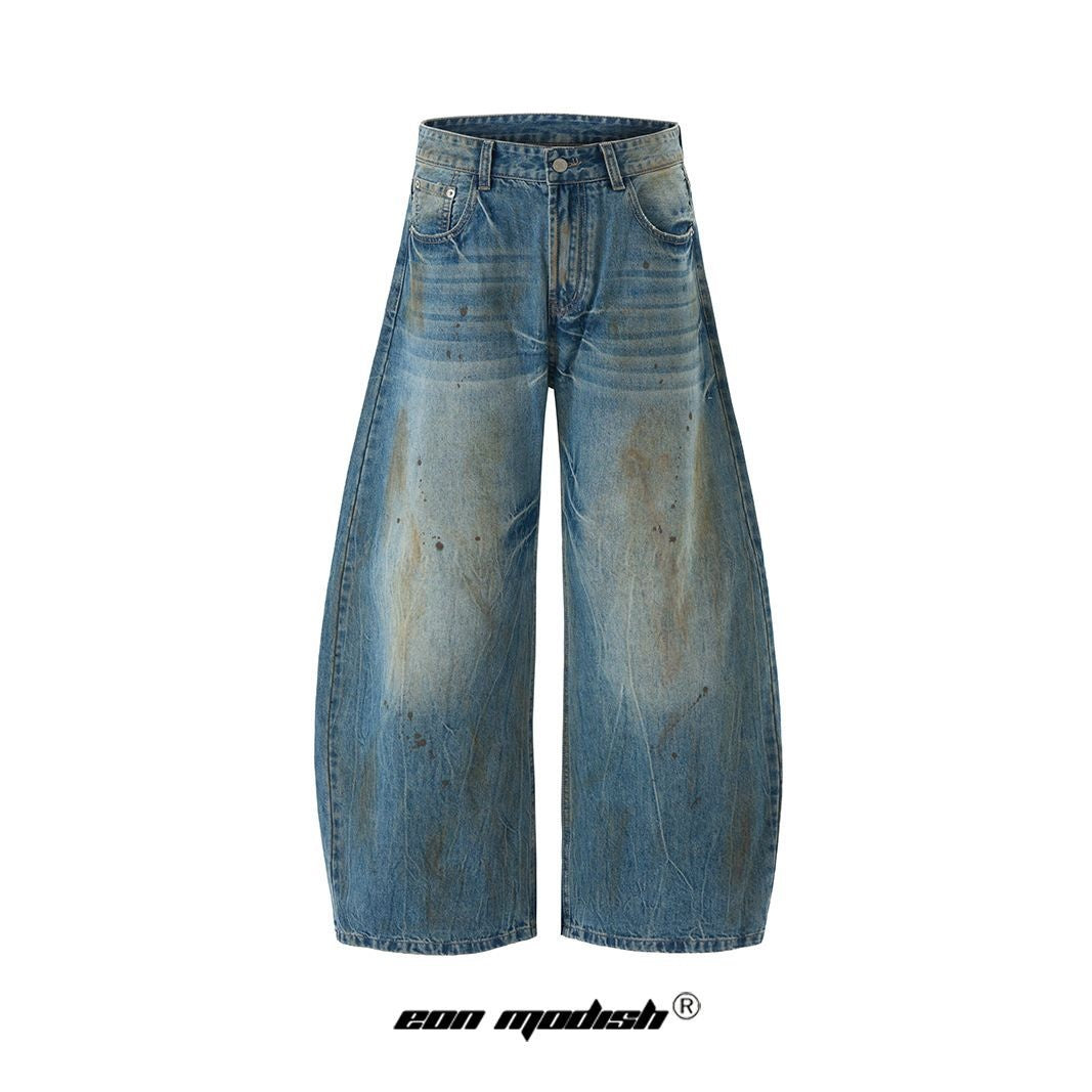 Washed Distressed Tapered Denim Long Pants