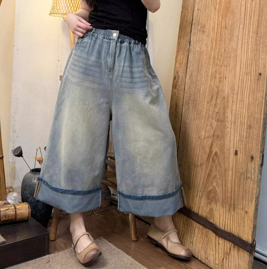 Vintage Washed Wide Cuff Design High Waist Straight Leg Denim Pants