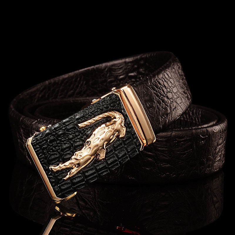 Men's Genuine Leather Belt with Automatic Buckle - Cowhide and Crocodile Pattern