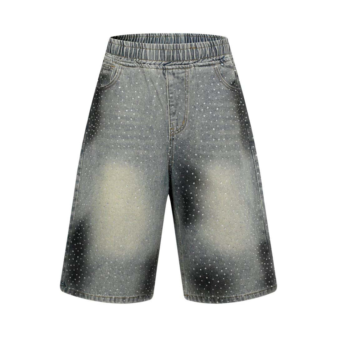 Washed Vintage Graffiti Rhinestone Denim Shorts for Men - Loose Fit Wide Leg Pants