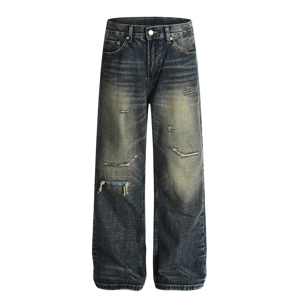 Street Style Men's Denim Jeans, Distressed Faded Straight Leg, Casual Loose Fit, Trendy Pants
