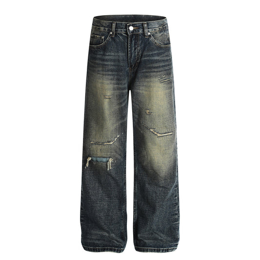 Street Style Men's Denim Jeans, Distressed Faded Straight Leg, Casual Loose Fit, Trendy Pants