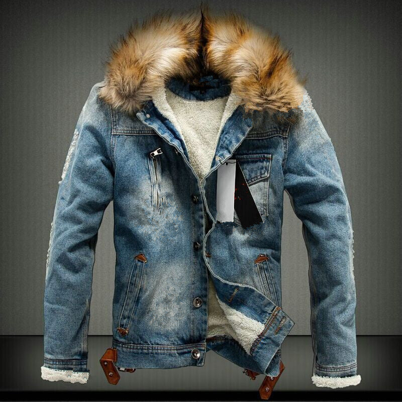 Casual Thickened Fleece-Lined Denim Jacket for Men