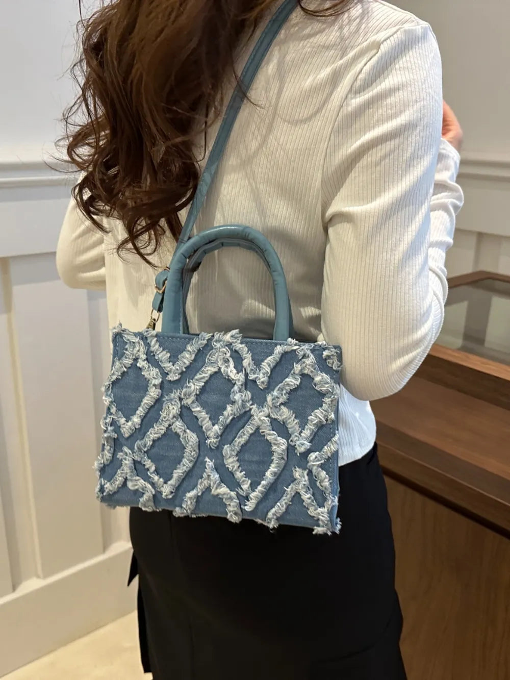 Quality Raw Hem Denim and PU Leather Handbag