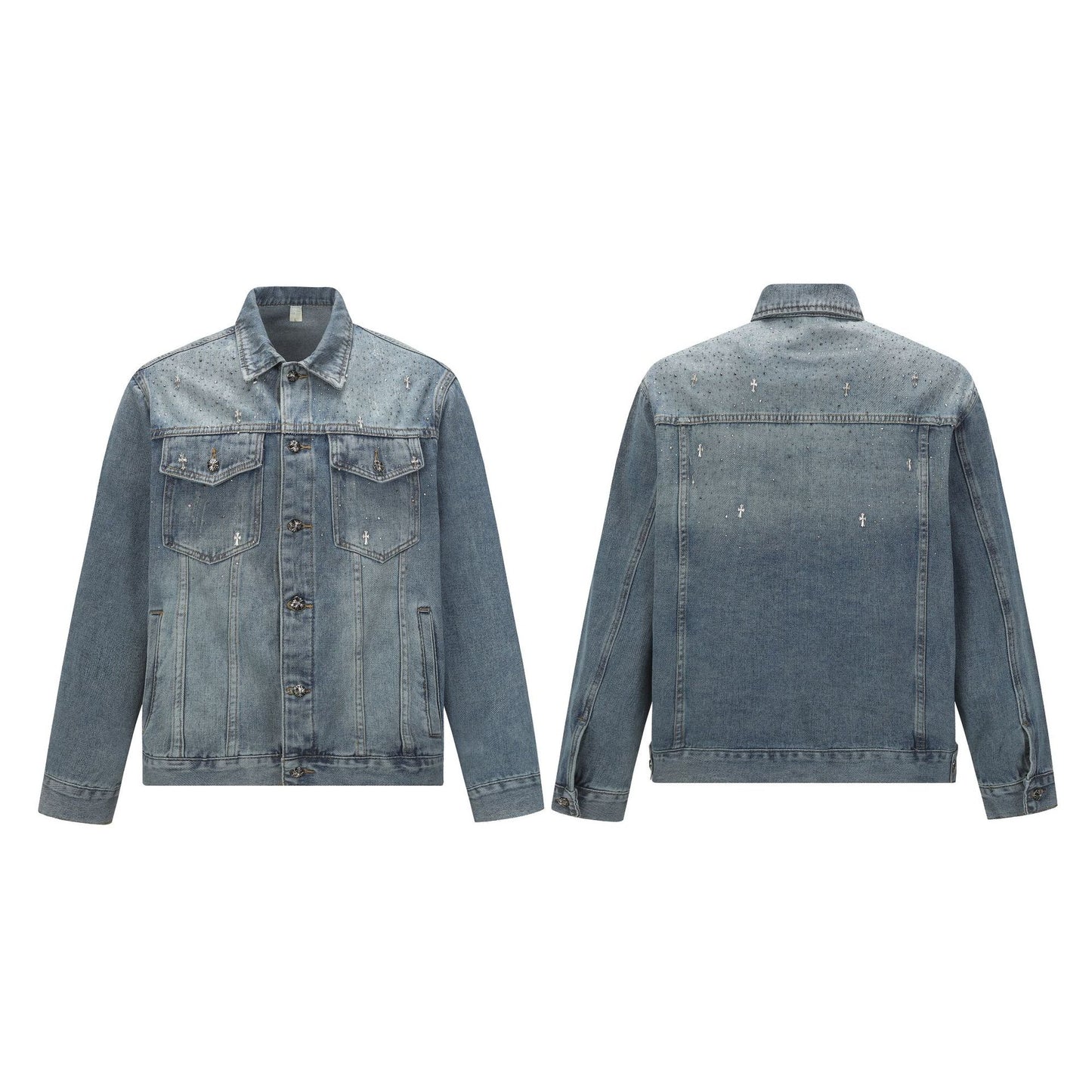 Retro Simple Studs and Rhinestone Washed Denim Jacket