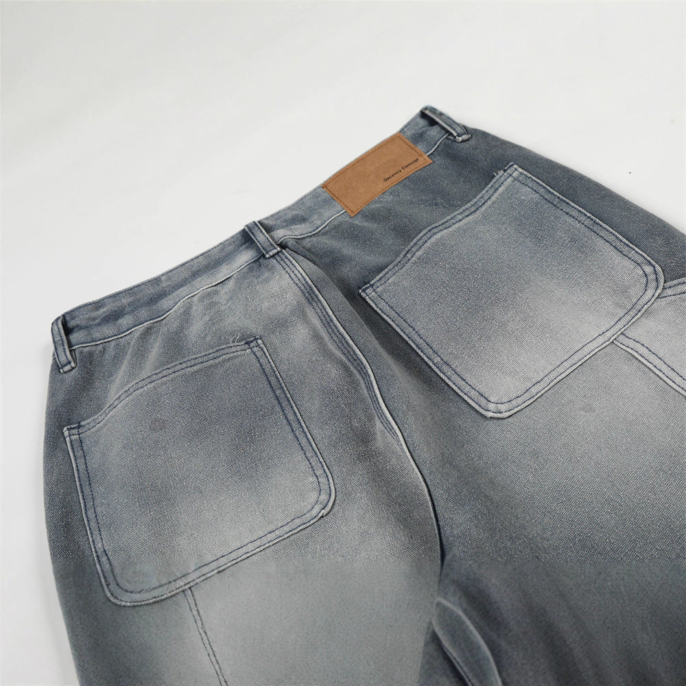 Vintage Men's Denim Pants, Bleached Multi-Pocket Straight Leg Loose Fit Design