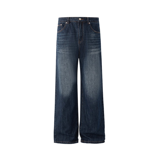 Retro Straight Leg Jeans Washed Distressed Wide Leg Long Pants Commuter Trousers