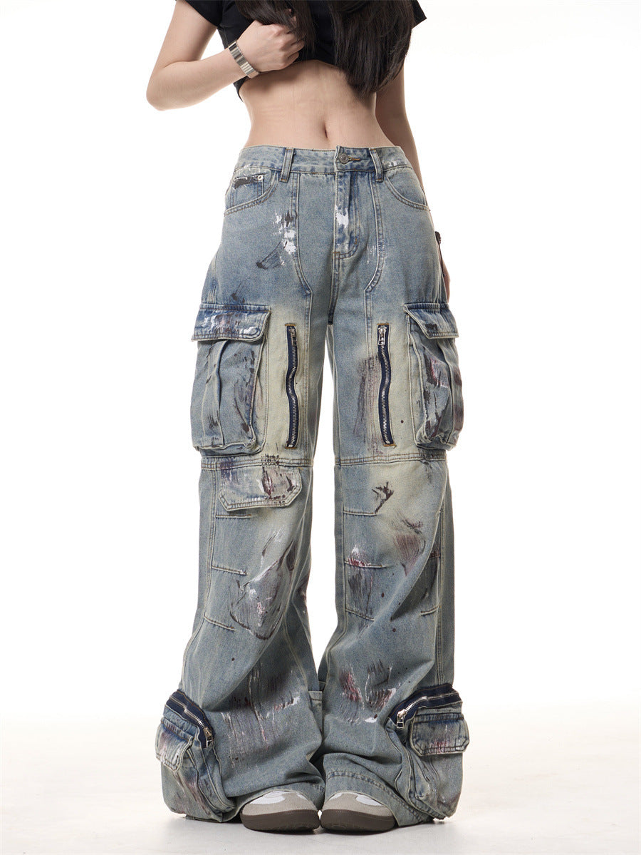 Graffiti Multi Pocket Wide Leg Jeans