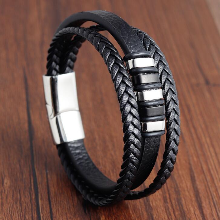 3 Layers Black Gold Punk Style Design Genuine Leather Bracelet