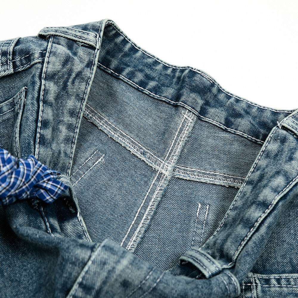 Punk Washed Distressed Denim Shorts for Men with Plaid Belt and Contrast Pockets