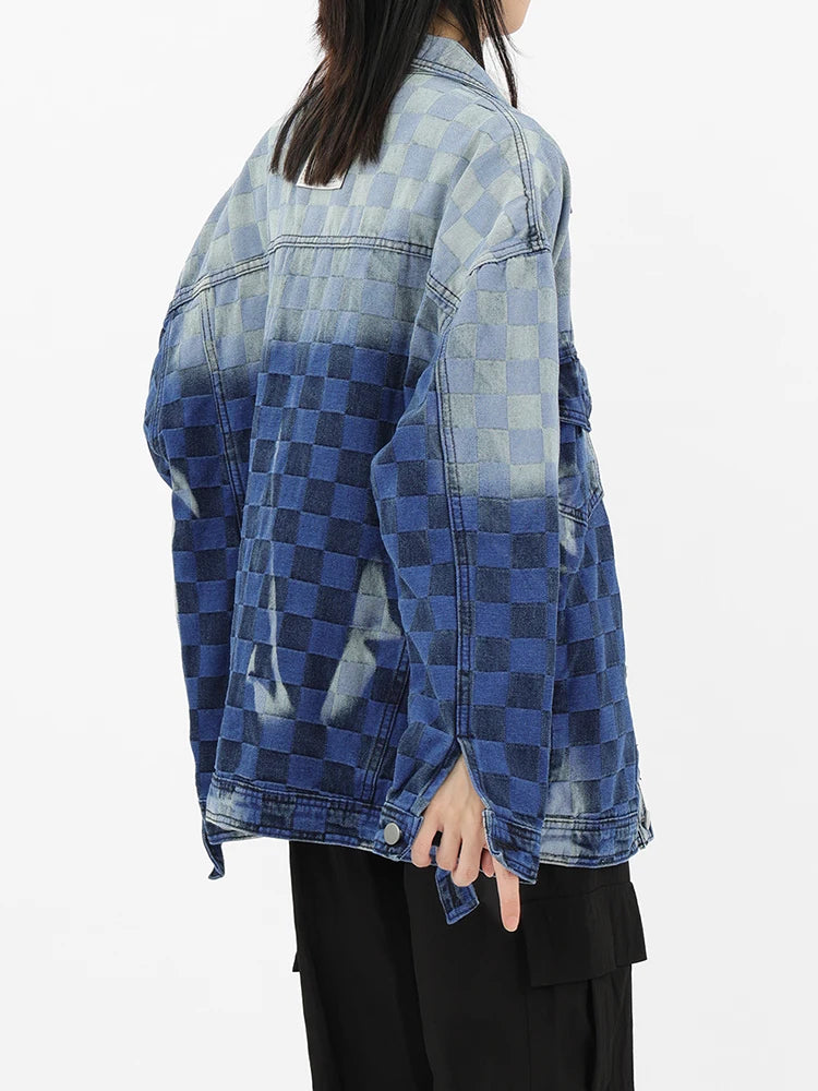 Women's Diamond Lattice Denim Coat with Gradient Color and Pocket Patchwork