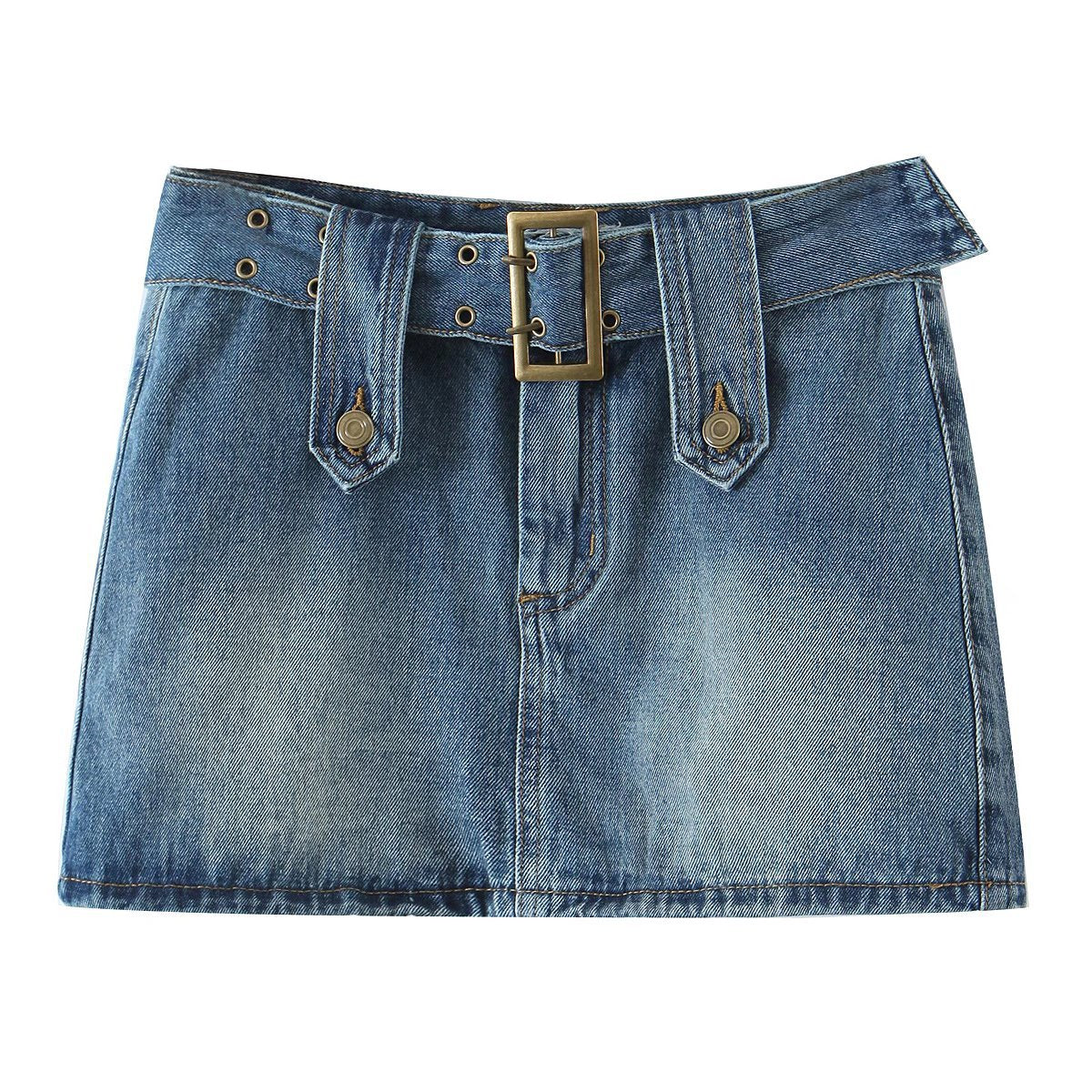 Summer New Fashion Retro Style Belt Old Washed Denim Skirt for Women