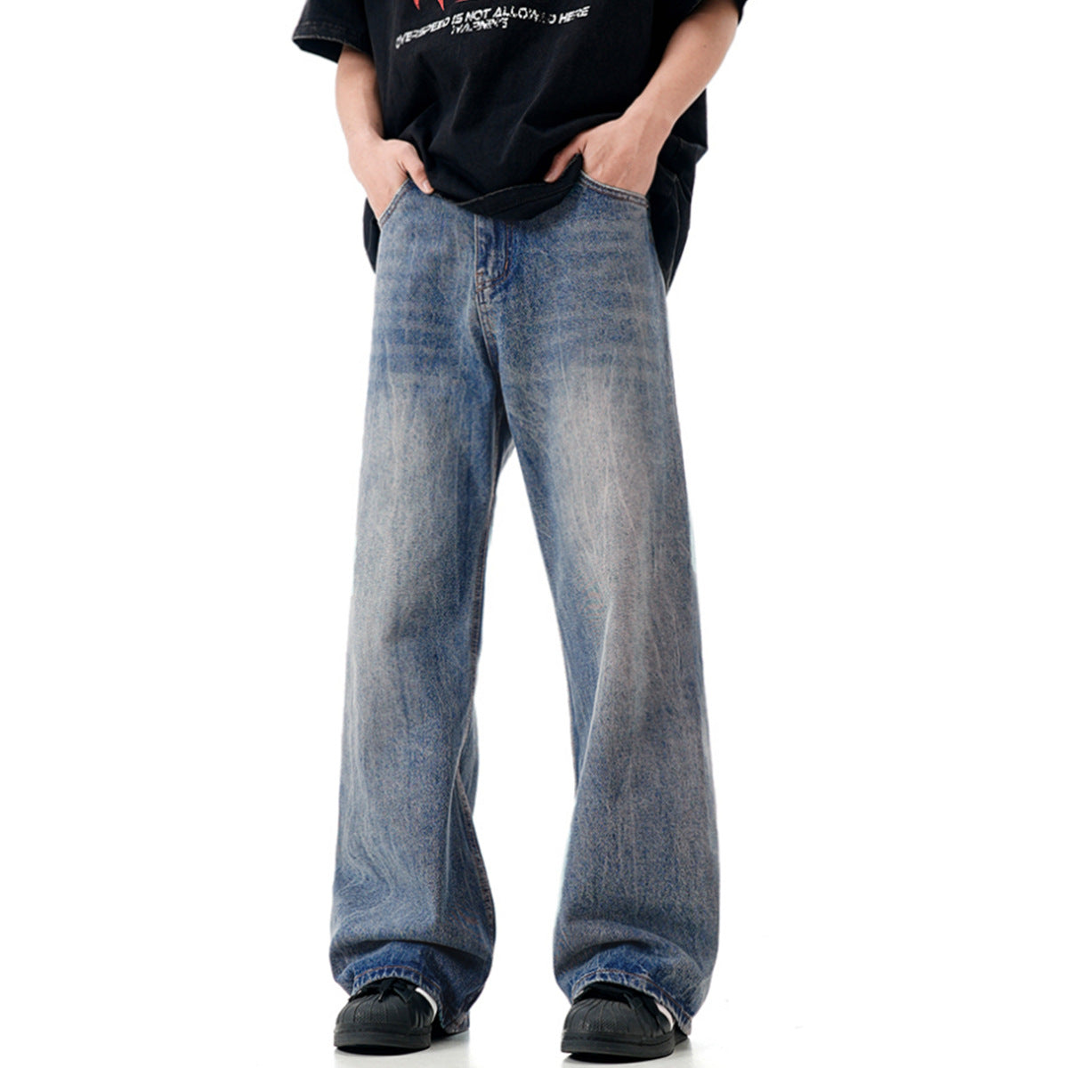 Blue Flared Denim Pants for Men and Women - Simple Clean Fit with Gathered Loose Straight Leg