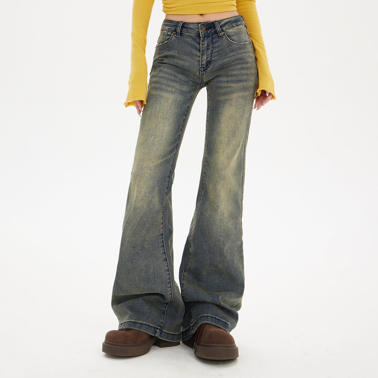 Flared Denim Pants for Women - Low Waist Slim Wide Leg Elastic Floor-Length Trousers