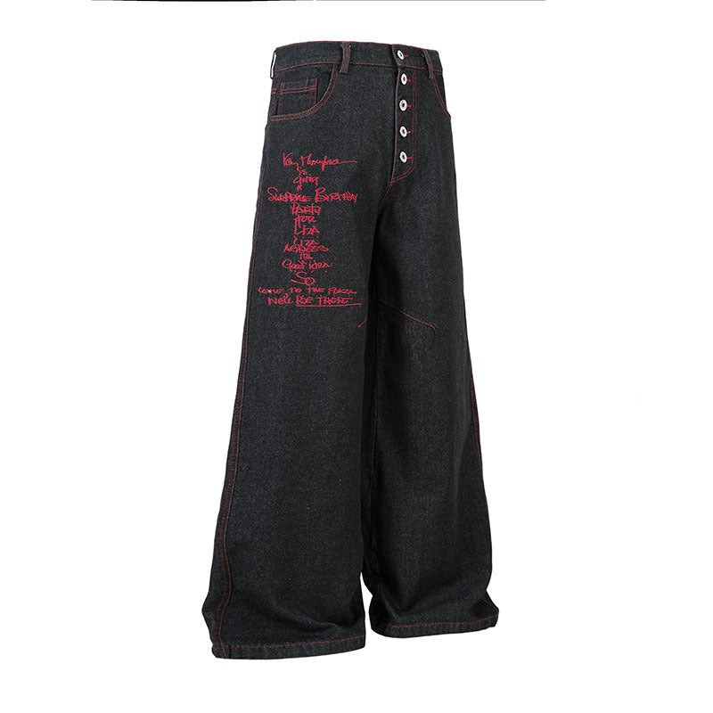 Men's Original Color Letter Embroidery Wide Leg Denim Jeans
