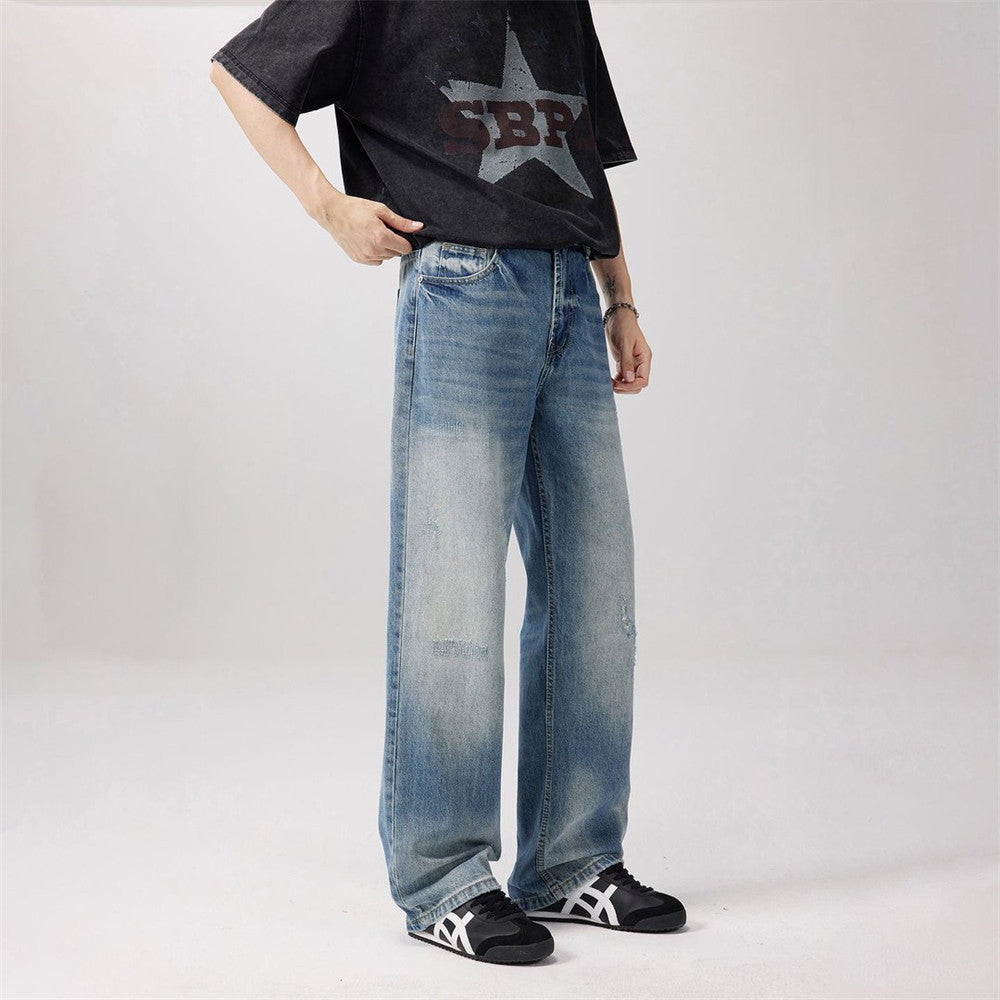 Gradient Wash Denim Jeans — Mid-Rise Straight Leg Zipper Fly (Blue)
