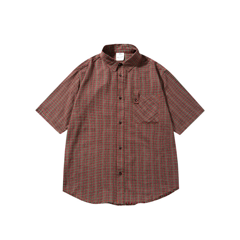 Patch Pocket Fine Plaid Loose Short Sleeved Shirt for Men