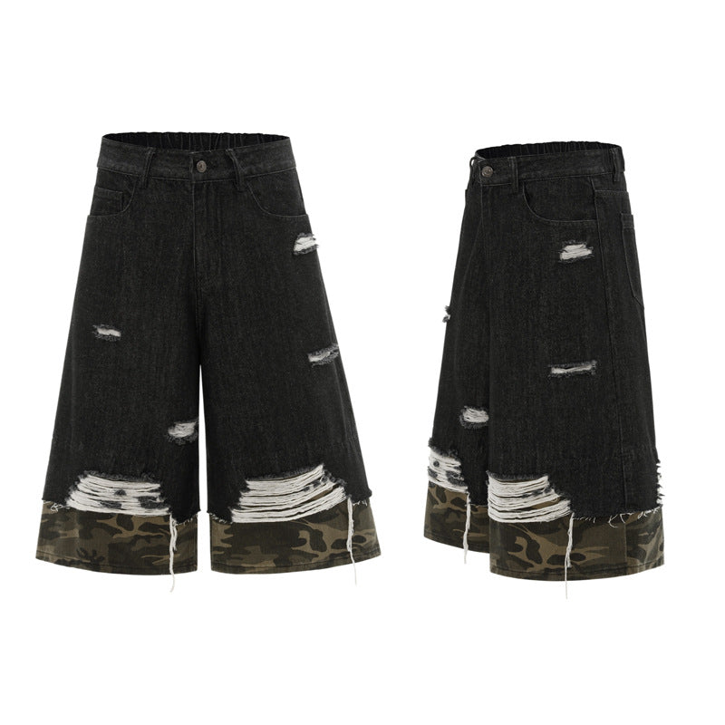 Unisex Oversized Distressed Camouflage Denim Three-Quarter Pants