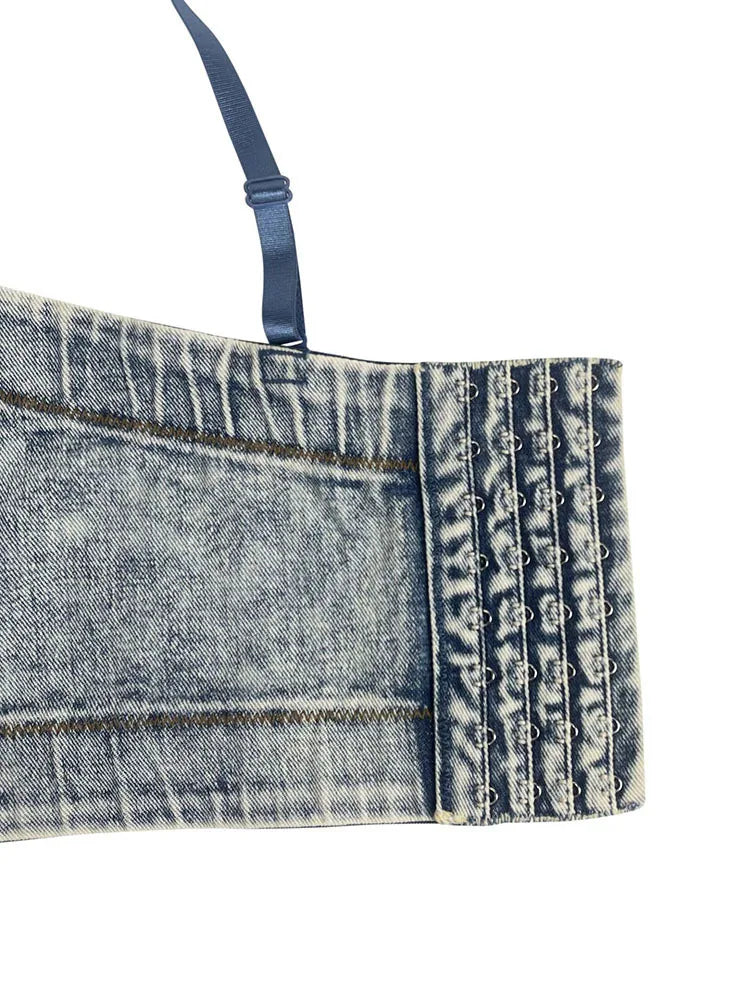 Sexy Women's Short Tank Tops Retro Fishbone Denim Camisole - Slim Fit