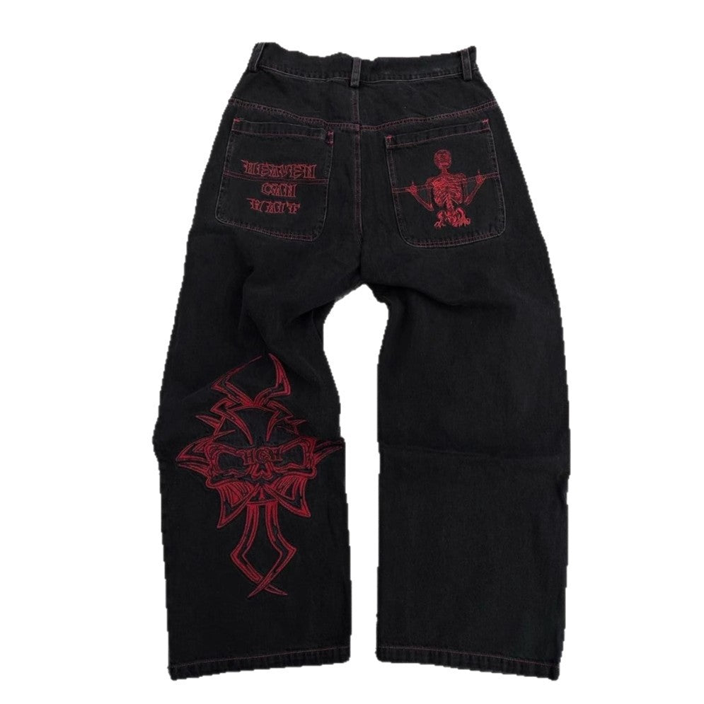 Retro Hip-Hop Goth Skeleton Embroidered Wide Leg Denim Jeans for Men