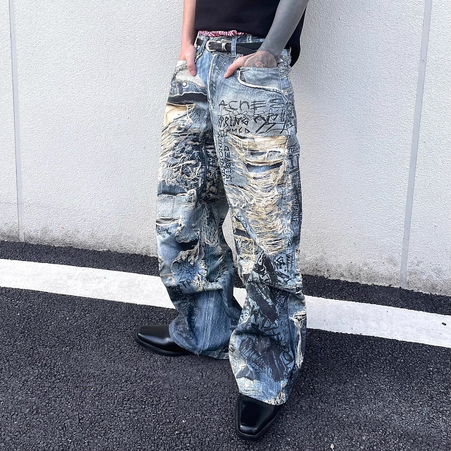 Digital Printed Letter Flower Denim Jeans for Men