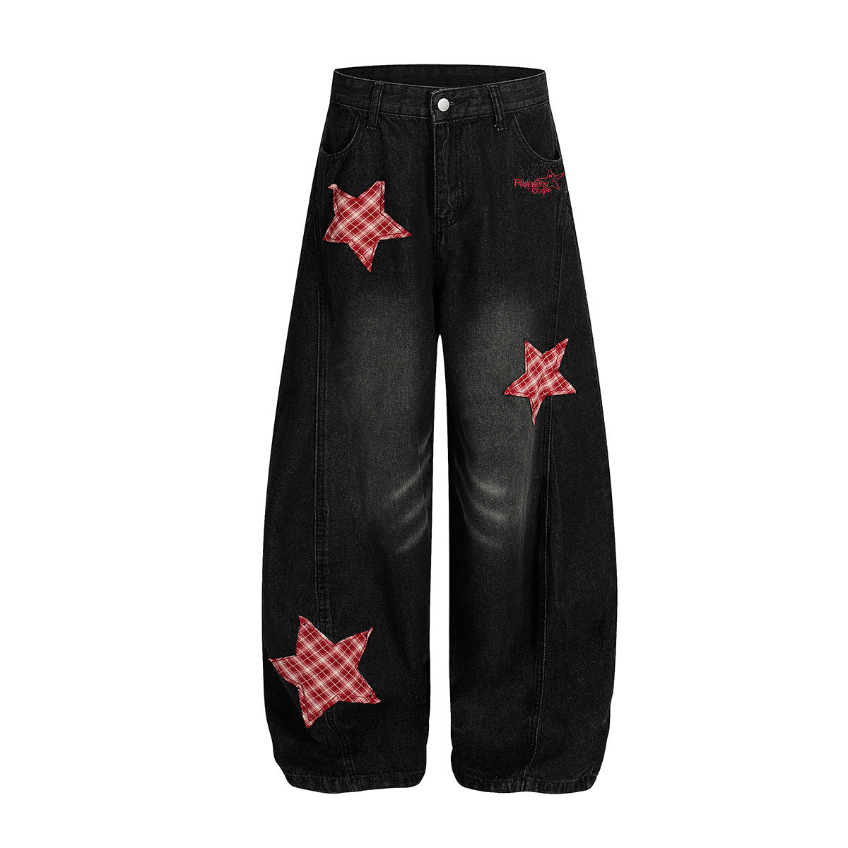 Retro Curved Knife Denim Wide Leg Pants with Star Embroidery