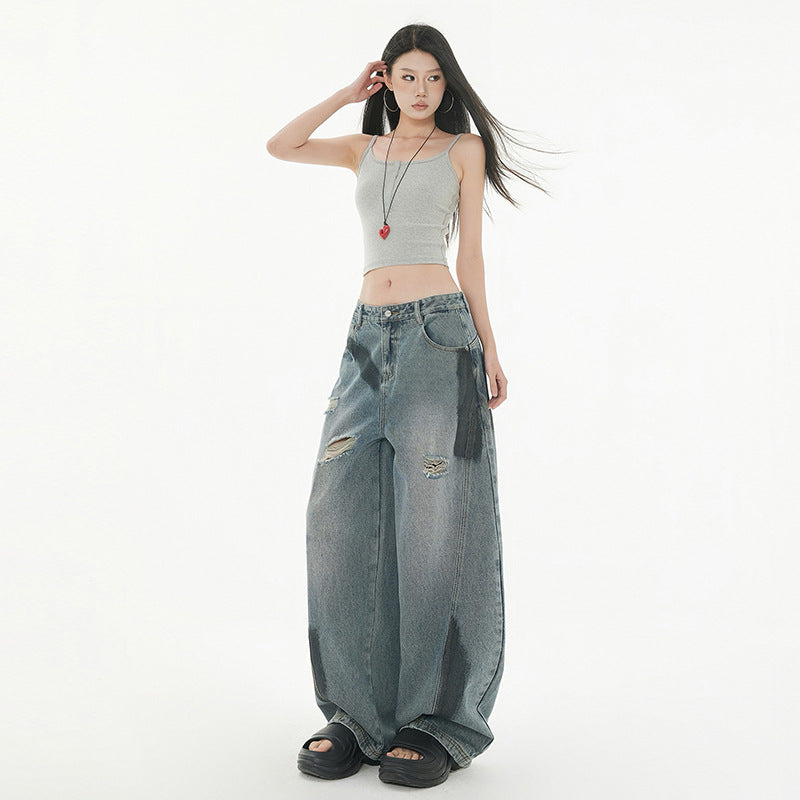 Women's Design Splicing and Frayed Wide-Leg Pants