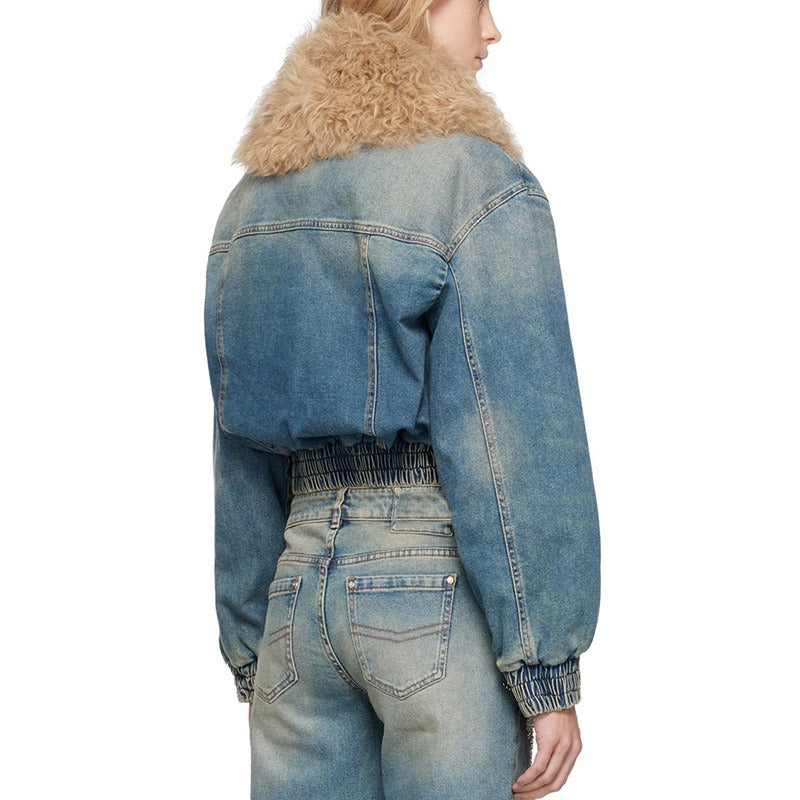 Detachable Fur Collar Versatile Cotton Denim Top
