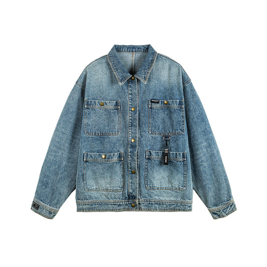 Loose Multi-Pocket Cargo Washed Denim Jacket