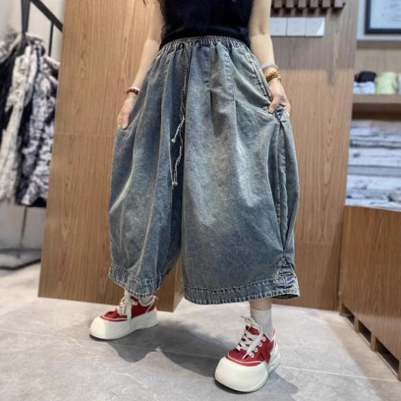 Vintage Washed Denim Pants for Women – Casual Loose Fashion Seven-Quarter Wide-Leg Style