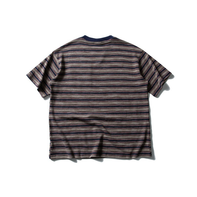 Contrasting Color Loose Fitting Striped Short Sleeved T-Shirt