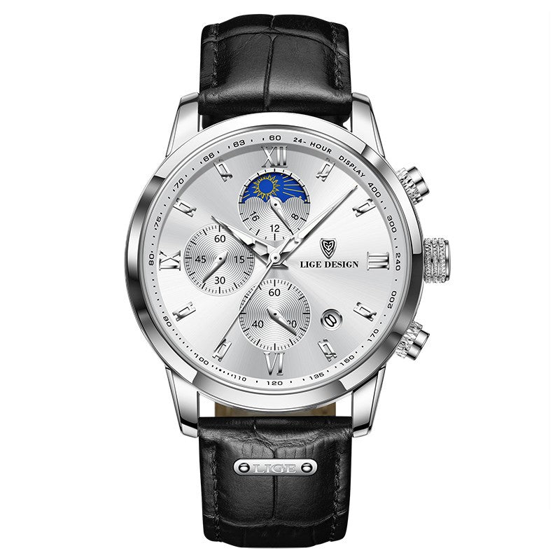Men's Quartz Watch Multifunction Chronograph Moon Phase Quartz Movement Waterproof Watch