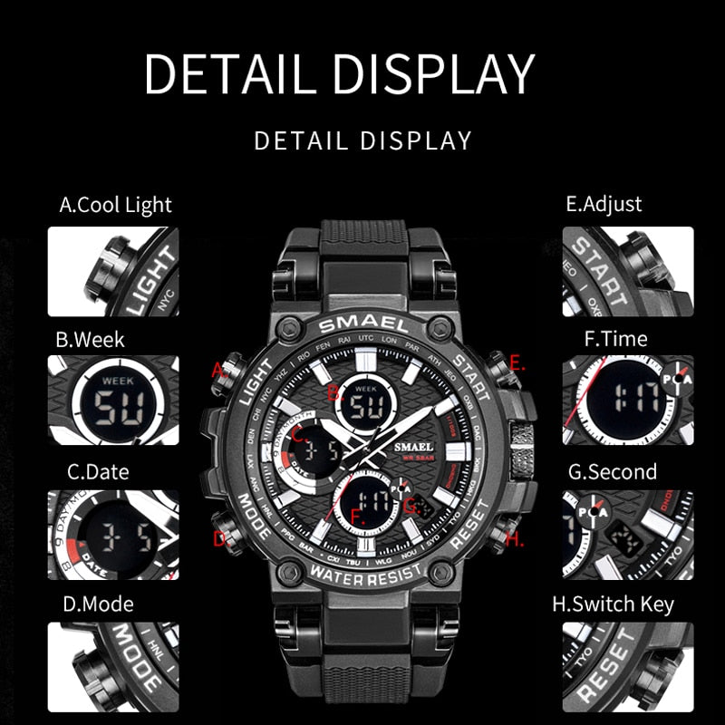 Men's Sport Watches - Digital Double Time Chronograph - LED Display