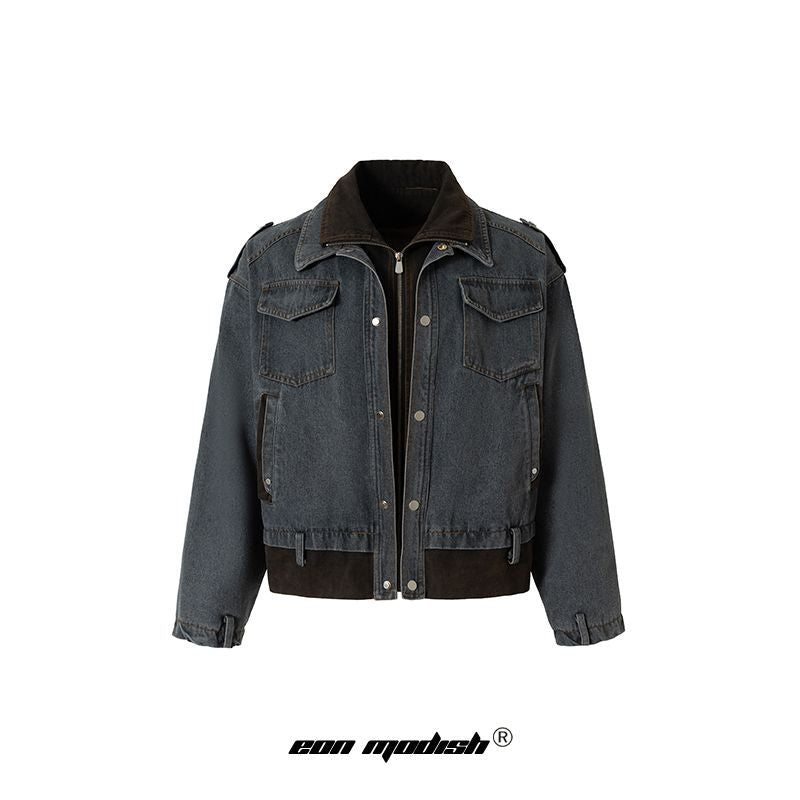 High-Street Stand Collar Patchwork Functional Denim Jacket