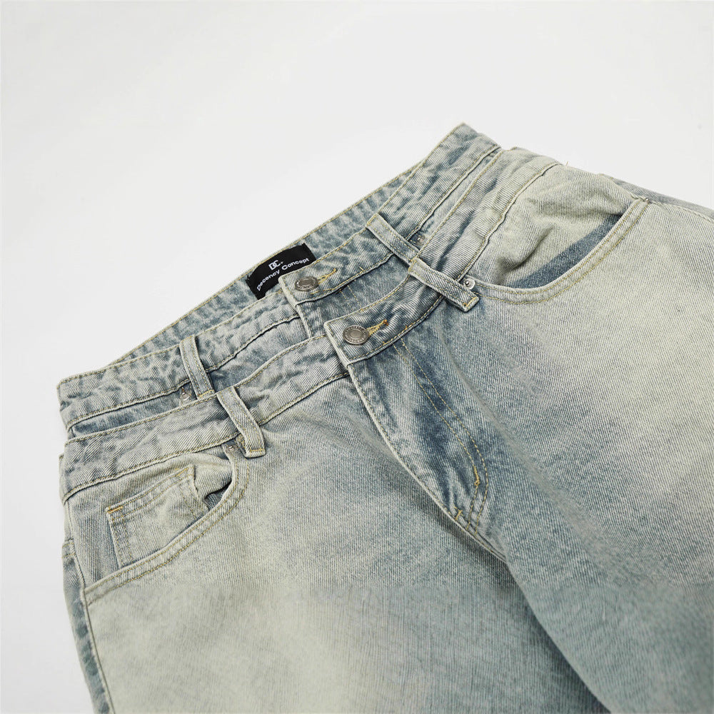 Men's Jeans with Double Waistband, Faded Knife-Edge Design,  Brand, Loose Fit, New Men's Pants