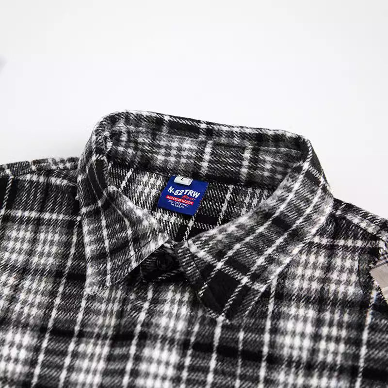 Splicing Plaid Fringed Long Sleeved Shirt for Men and Women