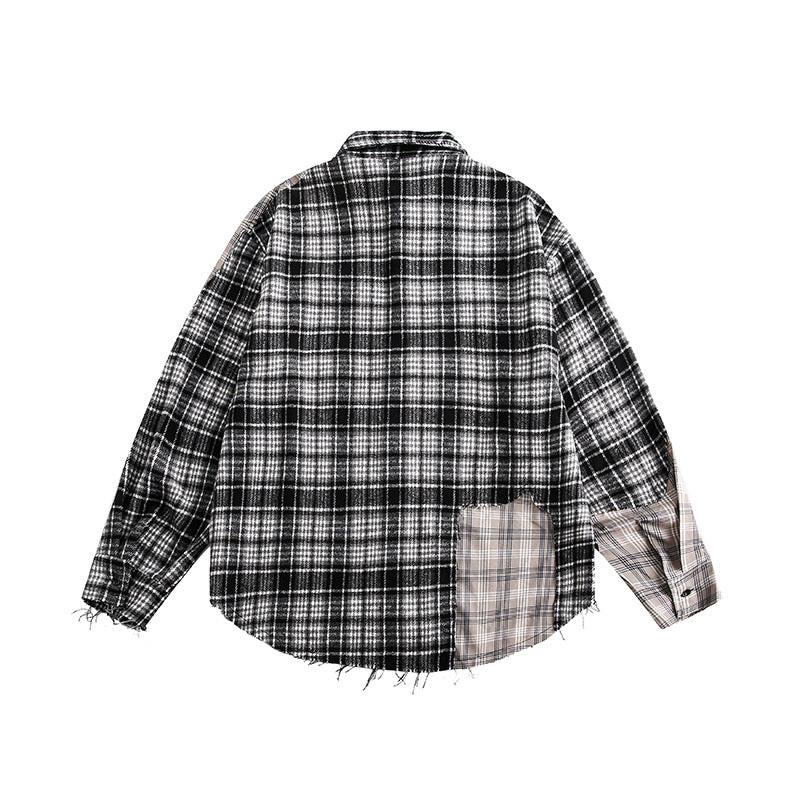 Splicing Plaid Fringed Long Sleeved Shirt for Men and Women