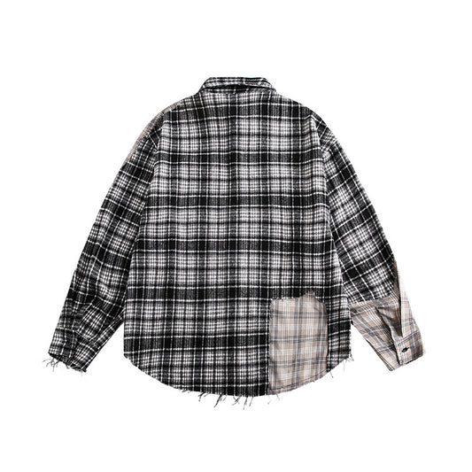 Splicing Plaid Fringed Long Sleeved Shirt for Men and Women