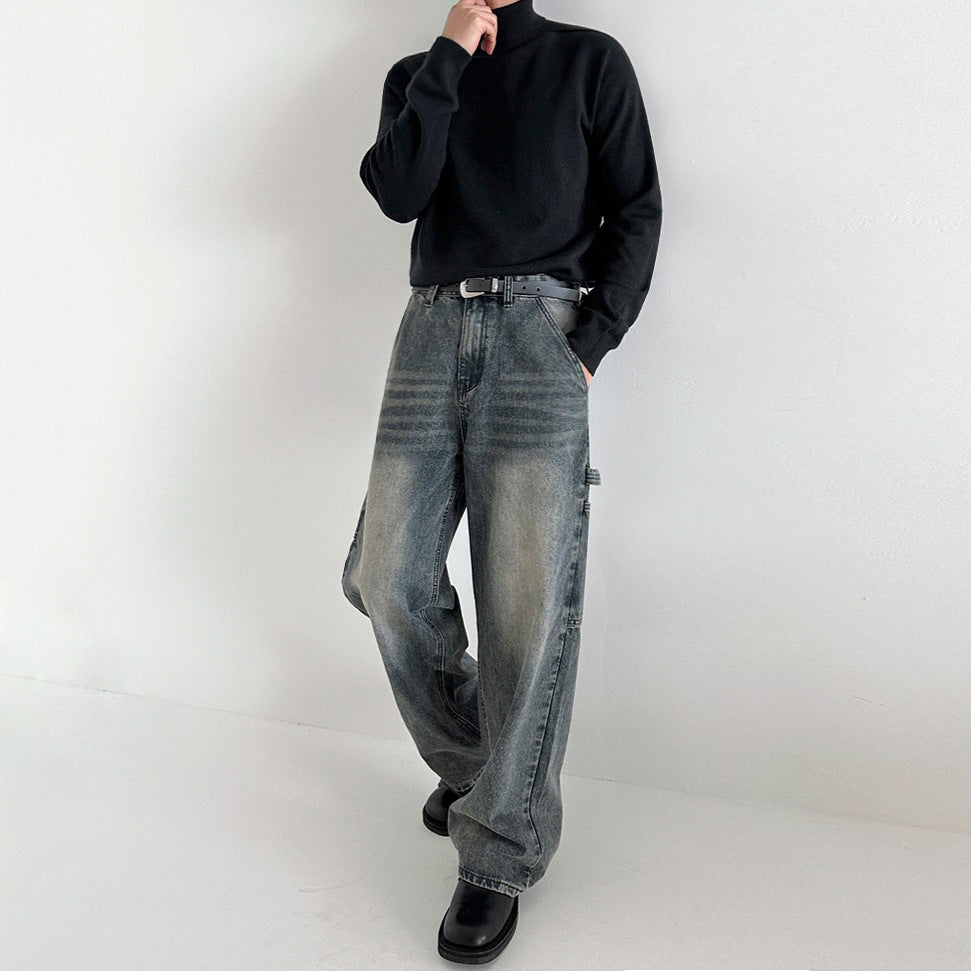 Casual Style Workwear Denim Material Straight Leg Wide Leg Clean Fit Pants