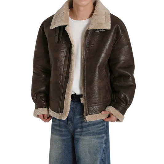 Faux Lamb Wool Turn-Down Collar PU Leather Cotton Coat Men Winter Loose Warm Thickened Cotton Jacket Commuter Outfit