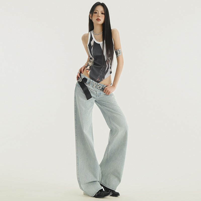 Women's Light Color Washed Low Waist Straight Leg Jeans