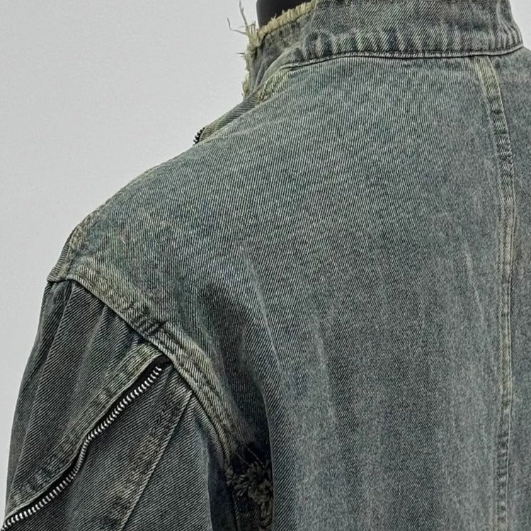 Deconstructed Fringed Washed Denim Jacket