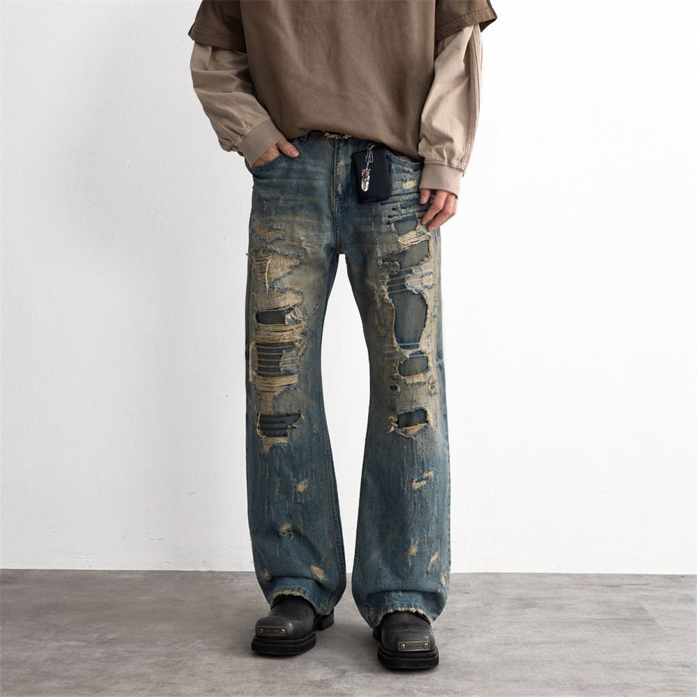 Ripped Patch Denim Pants — Distressed Punk Straight-Leg Mid Rise