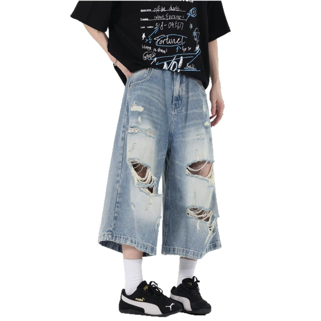 Ripped Denim Loose Washed Distressed Wide Leg Shorts